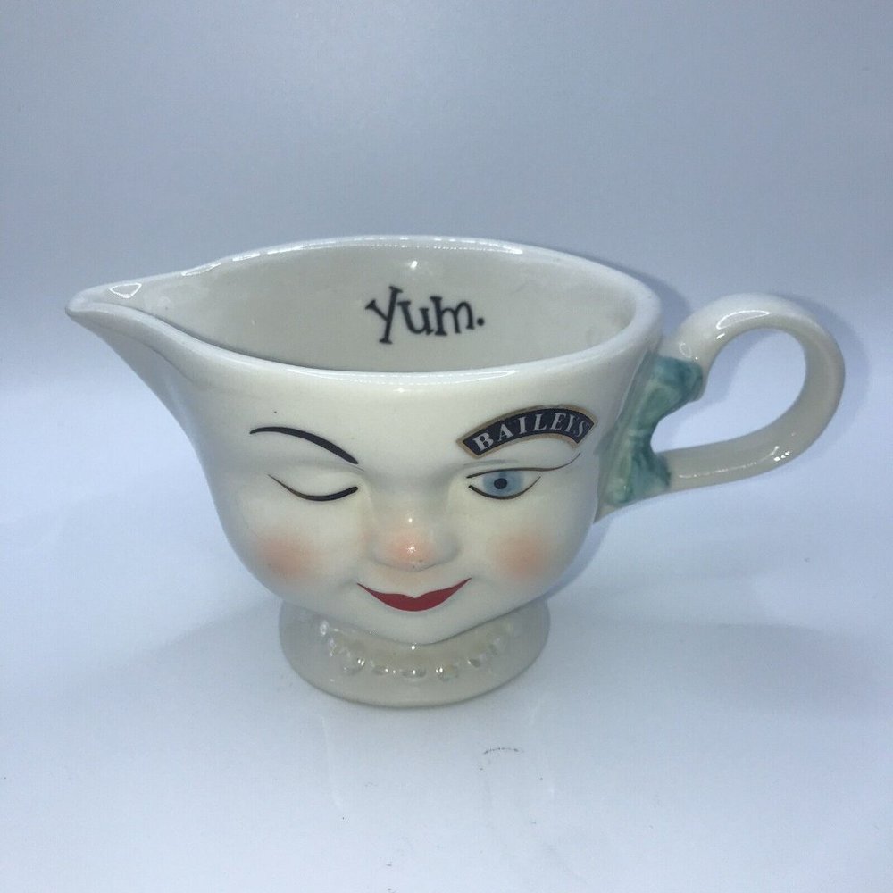 Vtg 1996 Baileys Irish Cream Creamer 6 oz Winking Face Girl Blue Bow Porcelain